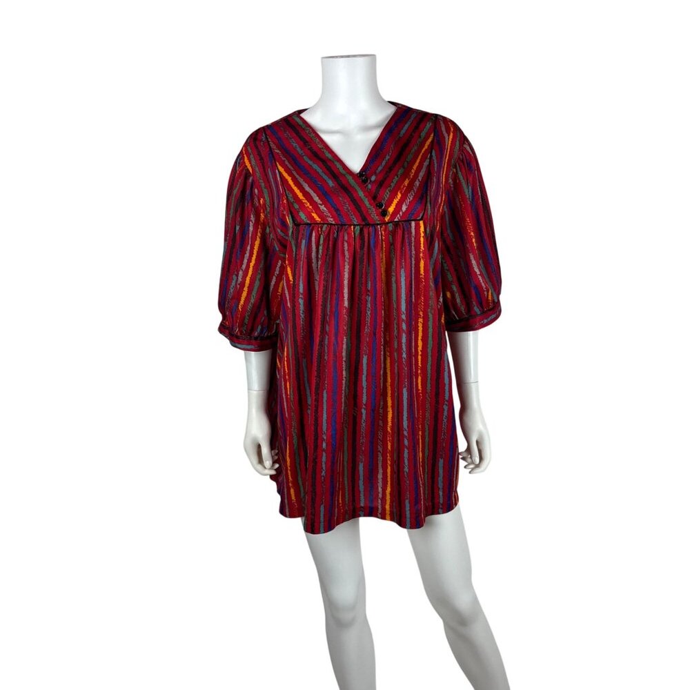 Vintage 80s Striped Top Womens 3X Plus Red Multicolor Stripes Polyester Blouse